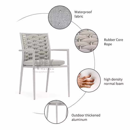 Set di tavoli da pranzo per sedie da esterno per la casa moderna intrecciata in corda di rattan, mobili da soggiorno per hotel da giardino